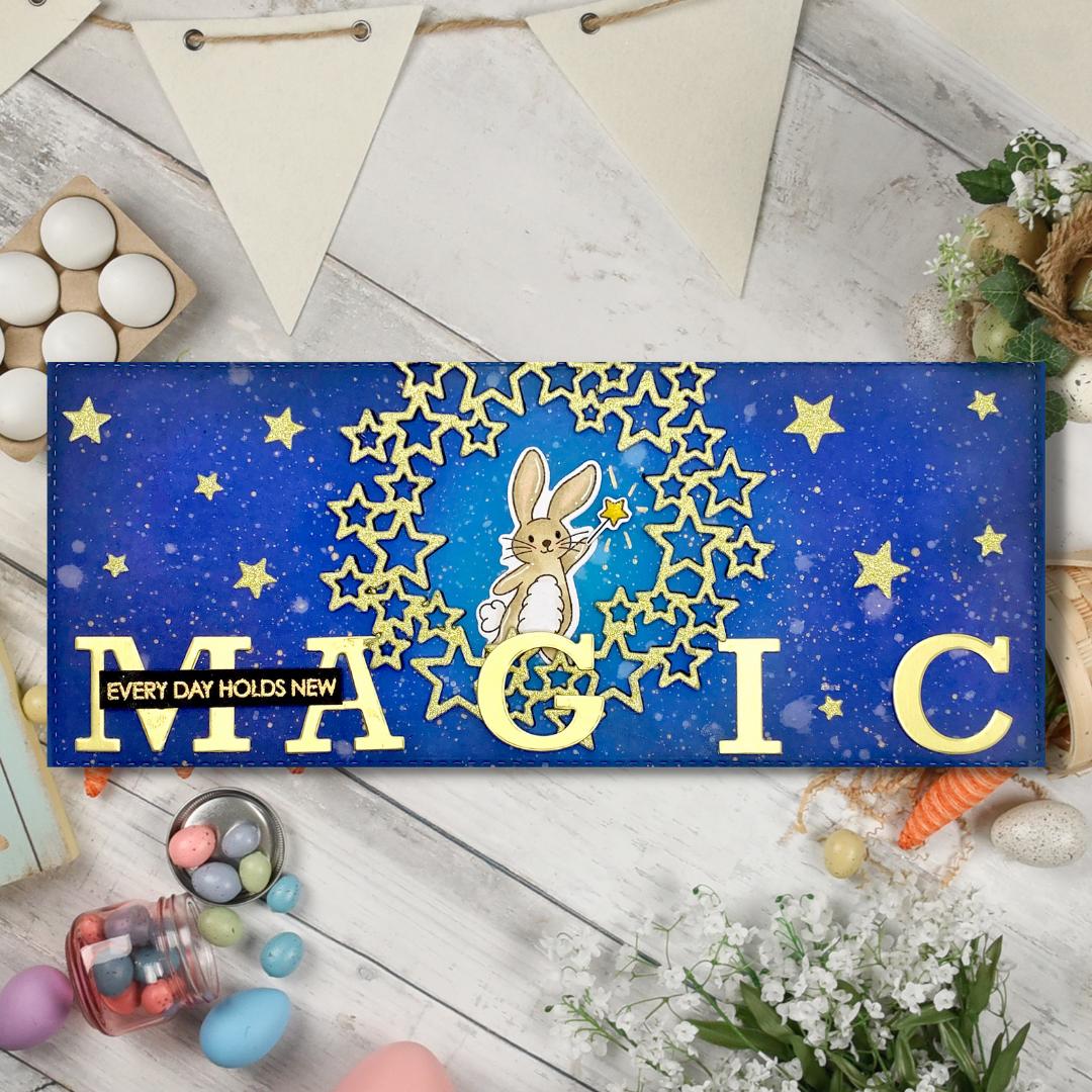 Magician greeting card with a cute rabbit