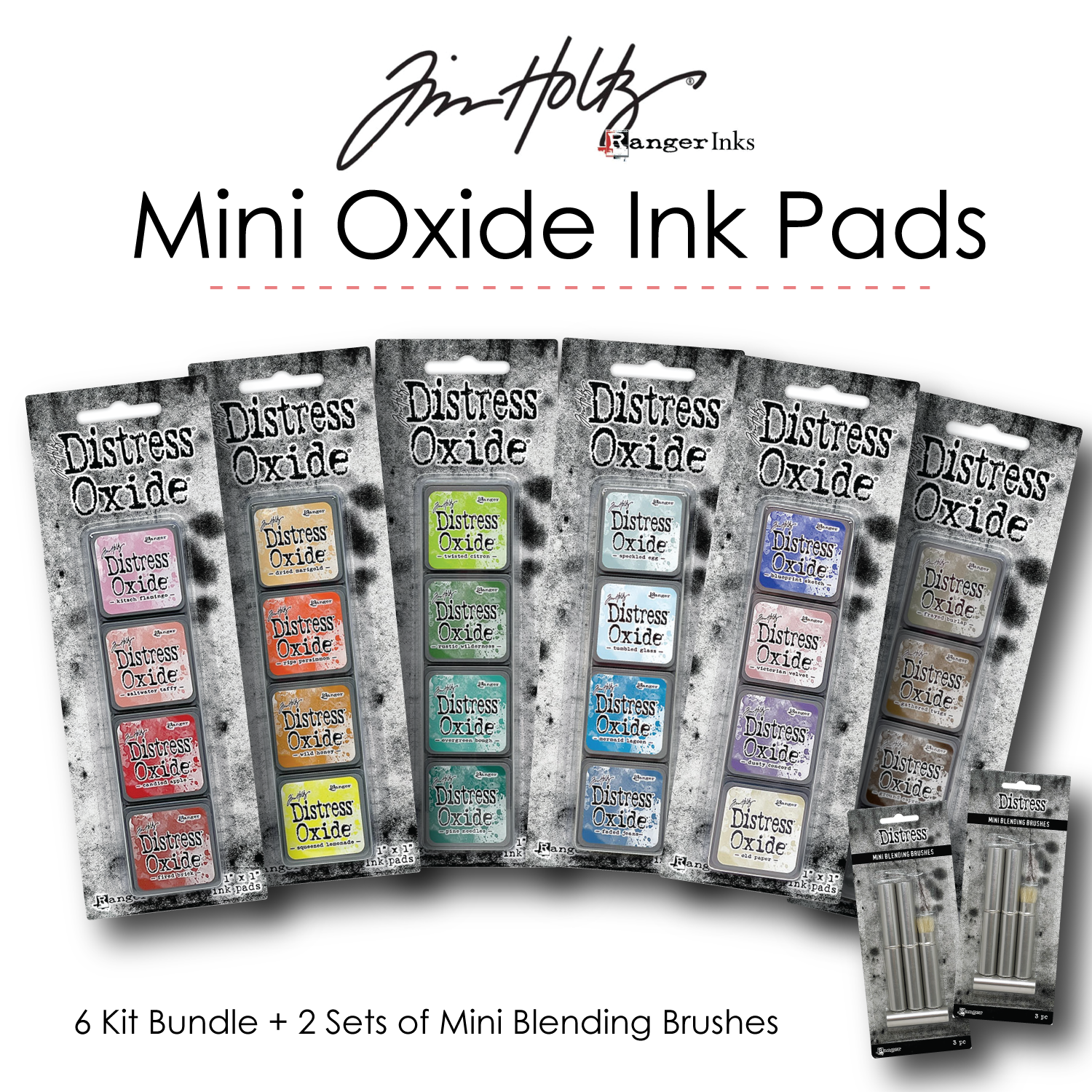 Tim Holtz Distress Mini Oxide Ink Pads - 7-12 Set Bundle + Blending Brushes