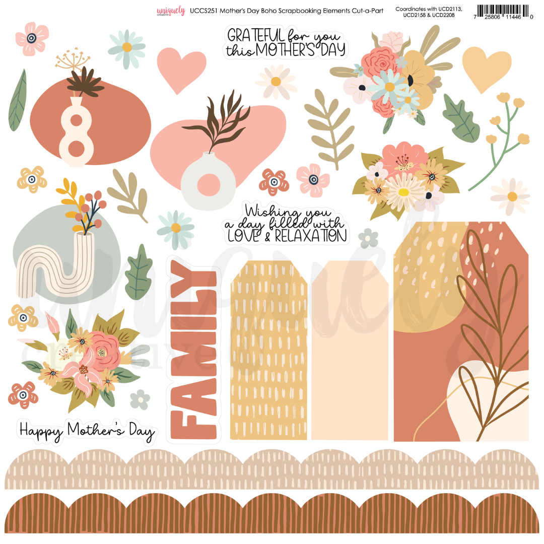 Mother's Day Boho Scrapbooking Elements Cut-a-Part Sheet