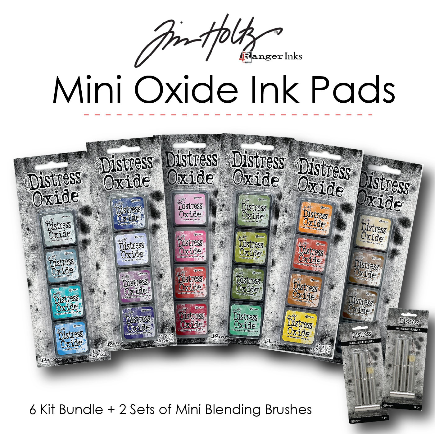 Tim Holtz Distress Mini Oxide Ink Pads - 6 Set Bundle + Blending Brushes